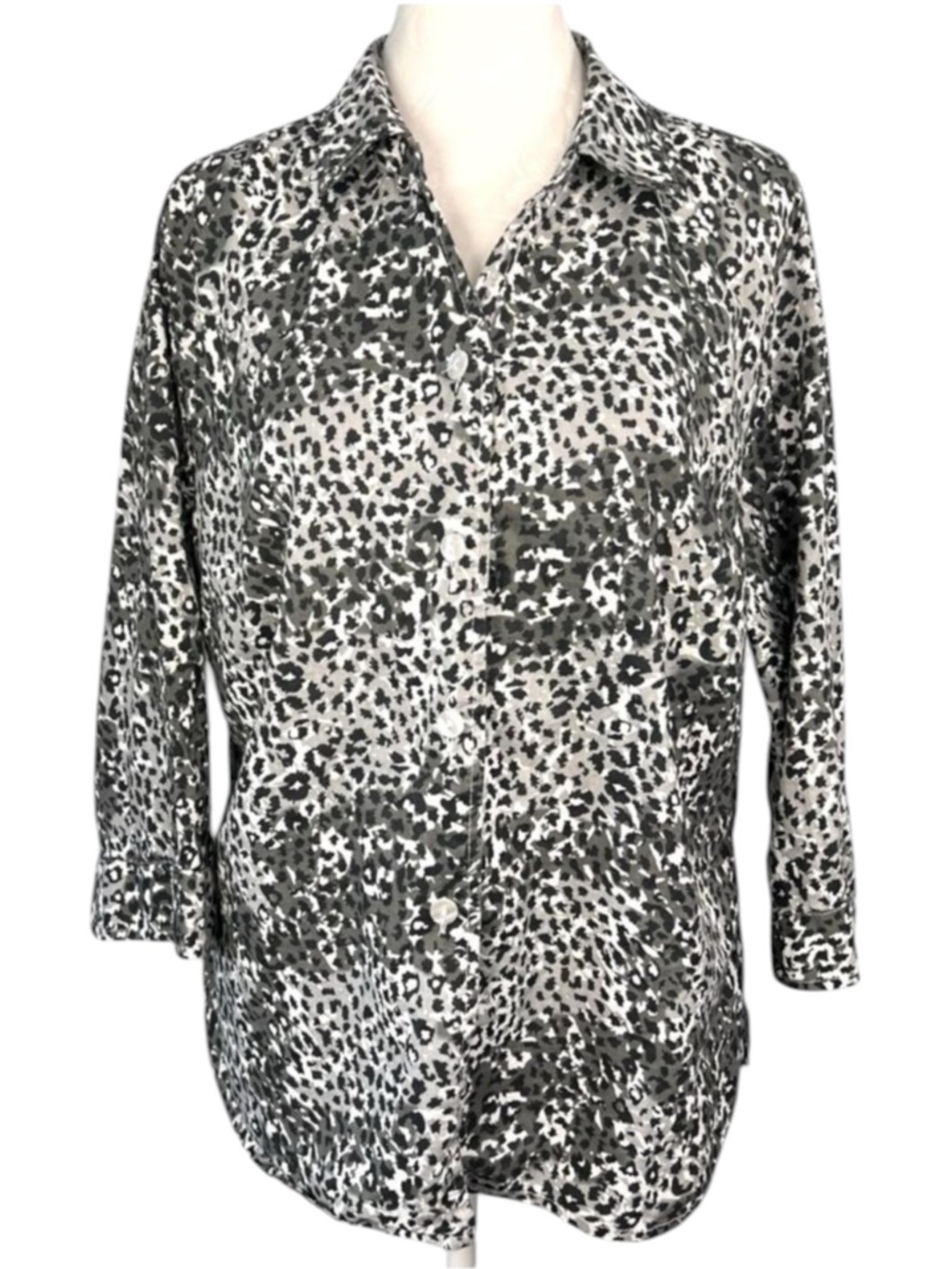 Leopard Print Blouse 3/4 Sleeve Cotton Gray White XL Rebecca Malone